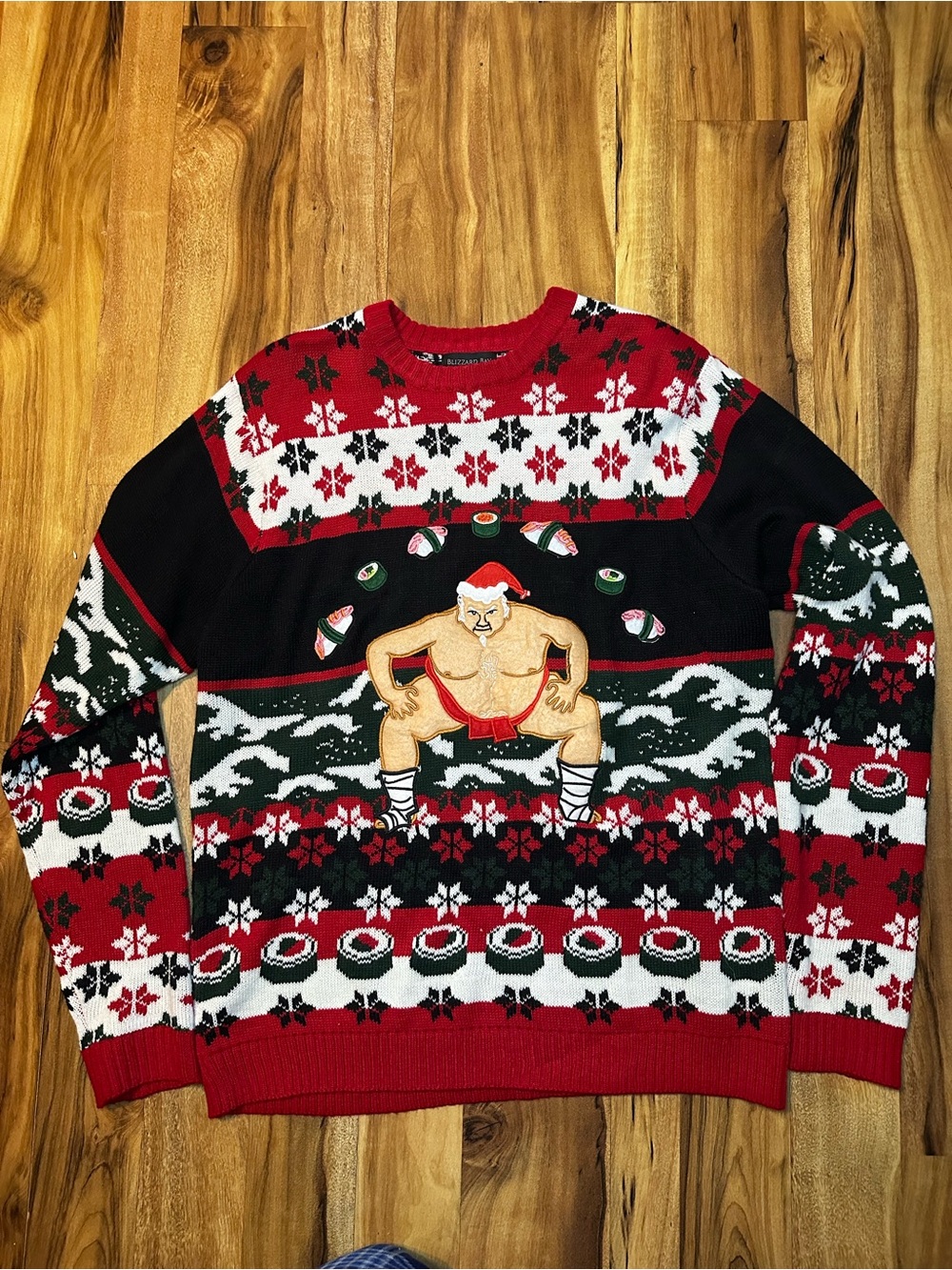 Blizzard Bay Ugly Christmas Sweater XL Sushi Santa Sumo Wrestler Novelty NWT